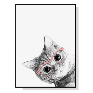 70Cmx100cm Cat With Glasses Black Frame Canvas Wall Art