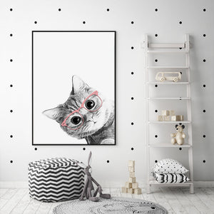 70Cmx100cm Cat With Glasses Black Frame Canvas Wall Art