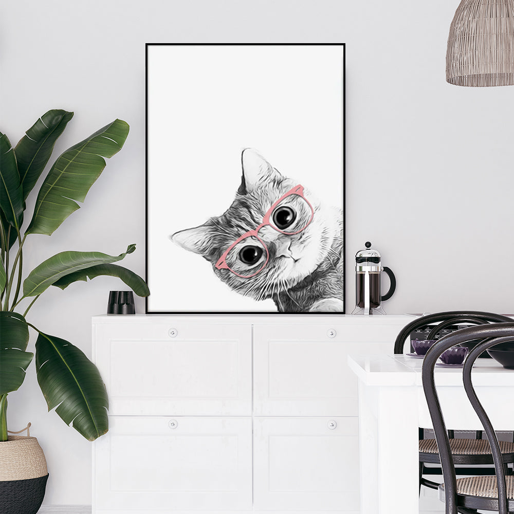 70Cmx100cm Cat With Glasses Black Frame Canvas Wall Art