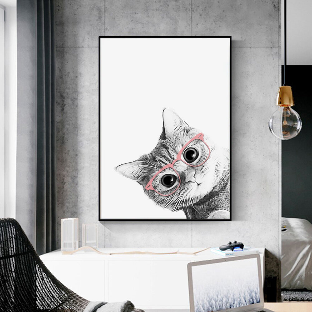 70Cmx100cm Cat With Glasses Black Frame Canvas Wall Art