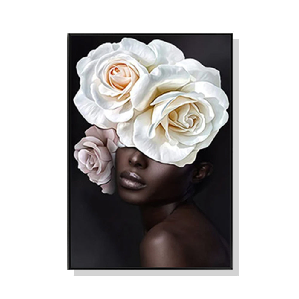 70Cmx100cm Flower African Woman Black Frame Canvas Wall Art