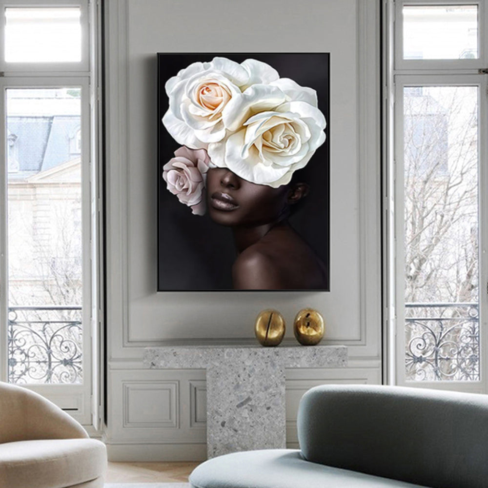 70Cmx100cm Flower African Woman Black Frame Canvas Wall Art