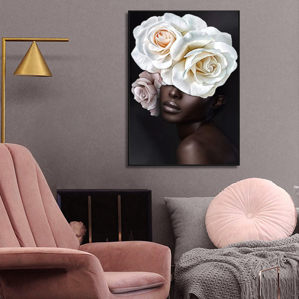 70Cmx100cm Flower African Woman Black Frame Canvas Wall Art