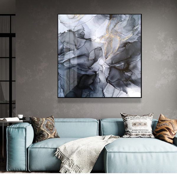 Wall Art 50Cmx50cm Marbled Black Grey Frame Canvas