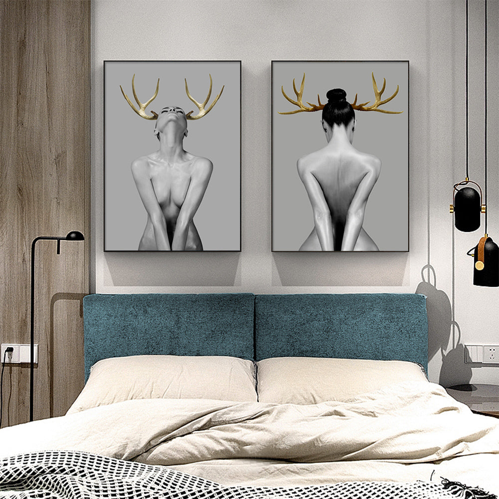 Wall Art 50Cmx70cm Girl With Gold Horn 2 Sets Black Frame Canvas