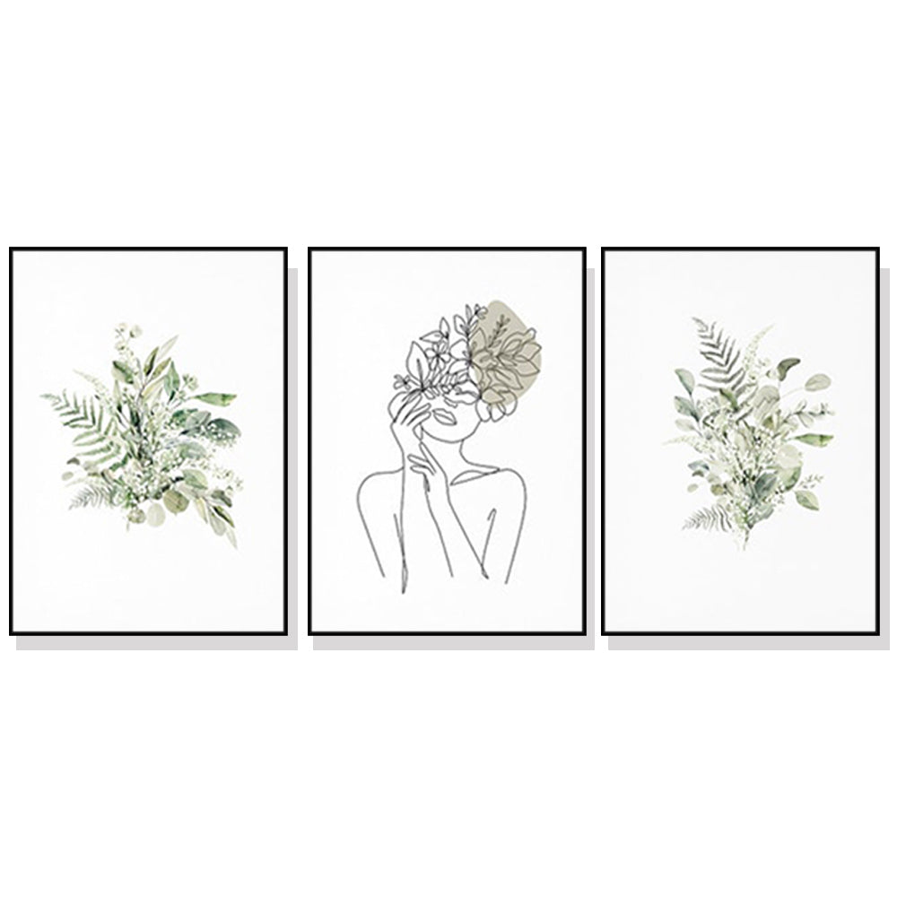 Wall Art 40Cmx60cm Botanical Line Girl 3 Sets Black Frame Canvas