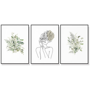 Wall Art 40Cmx60cm Botanical Line Girl 3 Sets Black Frame Canvas