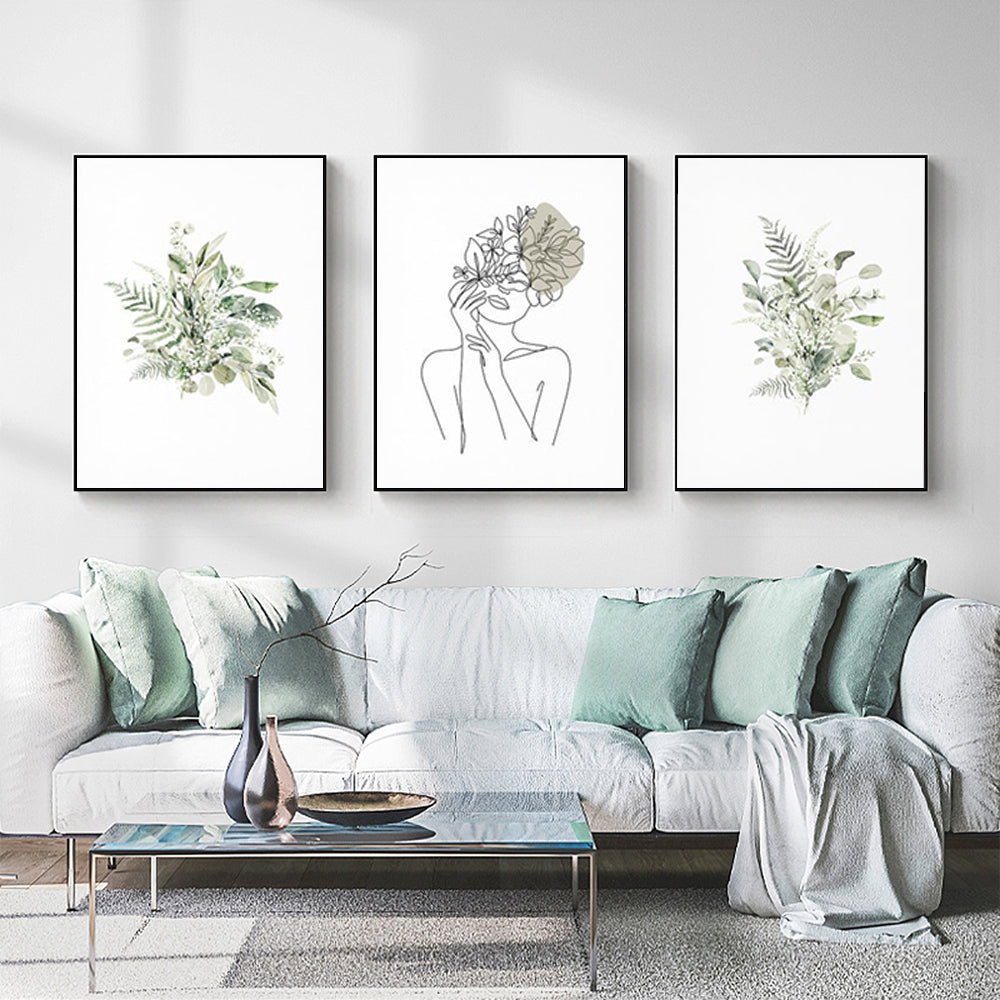 Wall Art 40Cmx60cm Botanical Line Girl 3 Sets Black Frame Canvas