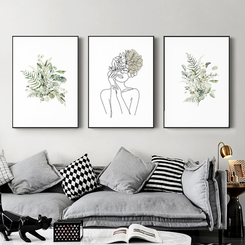 Wall Art 40Cmx60cm Botanical Line Girl 3 Sets Black Frame Canvas