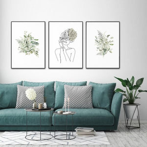 Wall Art 40Cmx60cm Botanical Line Girl 3 Sets Black Frame Canvas