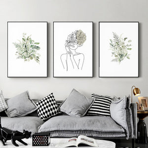 Wall Art 50Cmx70cm Botanical Line Girl 3 Sets Black Frame Canvas