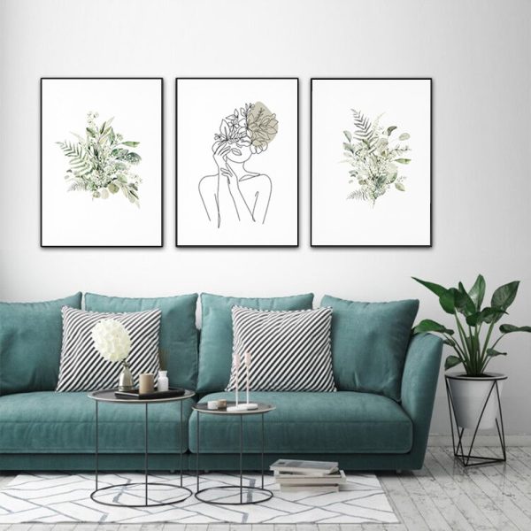 Wall Art 50Cmx70cm Botanical Line Girl 3 Sets Black Frame Canvas