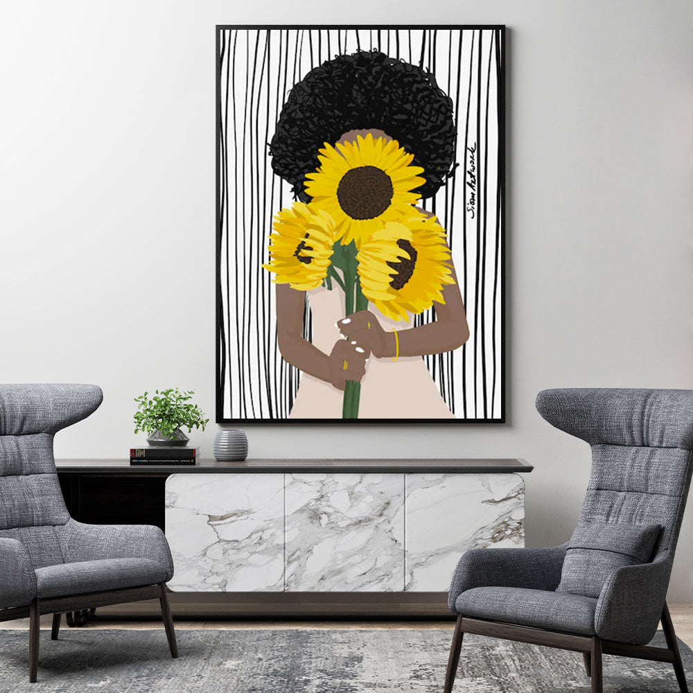 Wall Art 50Cmx70cm African Woman Sunflower Black Frame Canvas