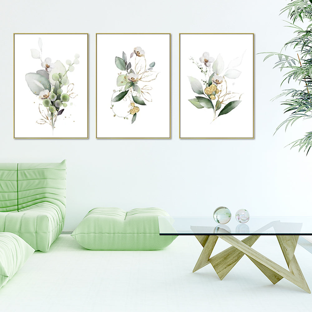 Wall Art 50Cmx70cm Green And Gold Watercolor Botanical 3 Sets Frame Canvas