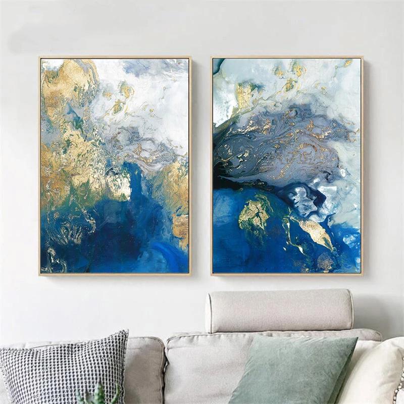 Wall Art 50Cmx70cm Marbled Blue And Gold 2 Sets Frame Canvas