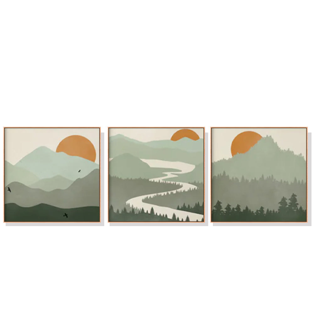 Wall Art 50Cmx50cm Sage Green Landscapes 3 Sets Wood Frame Canvas