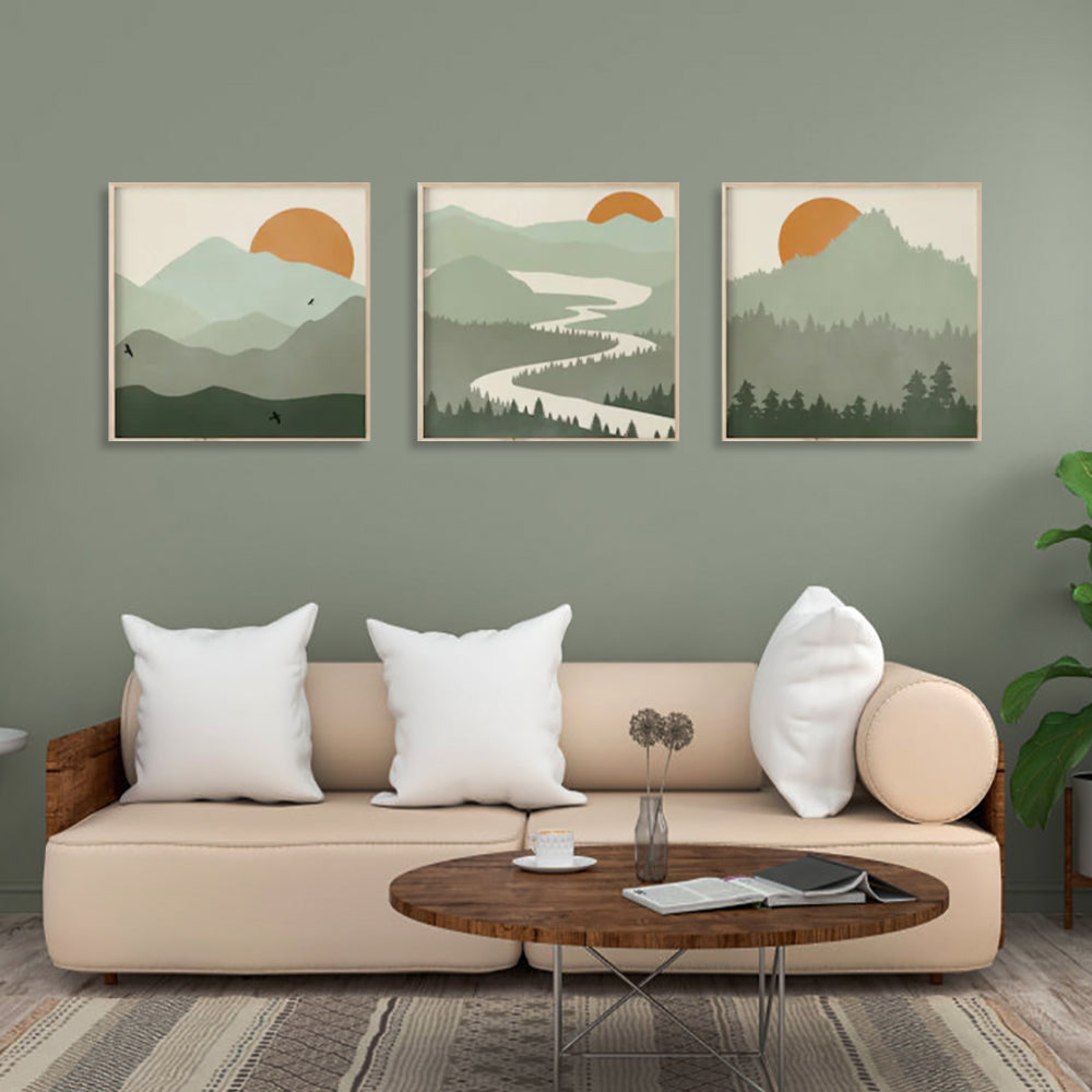 Wall Art 50Cmx50cm Sage Green Landscapes 3 Sets Wood Frame Canvas