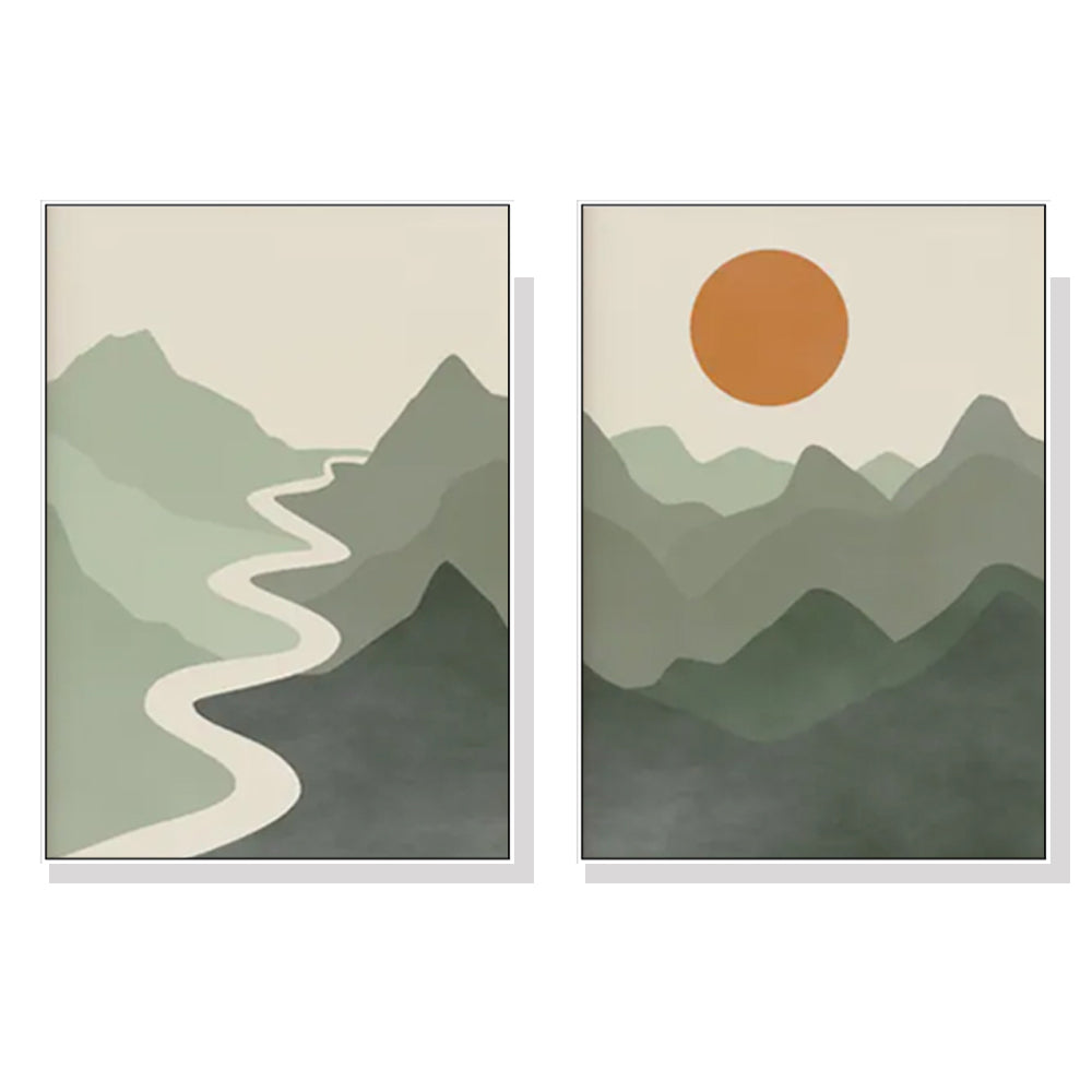 Wall Art 50Cmx70cm Sage Green River Mountain 2 Sets White Frame Canvas