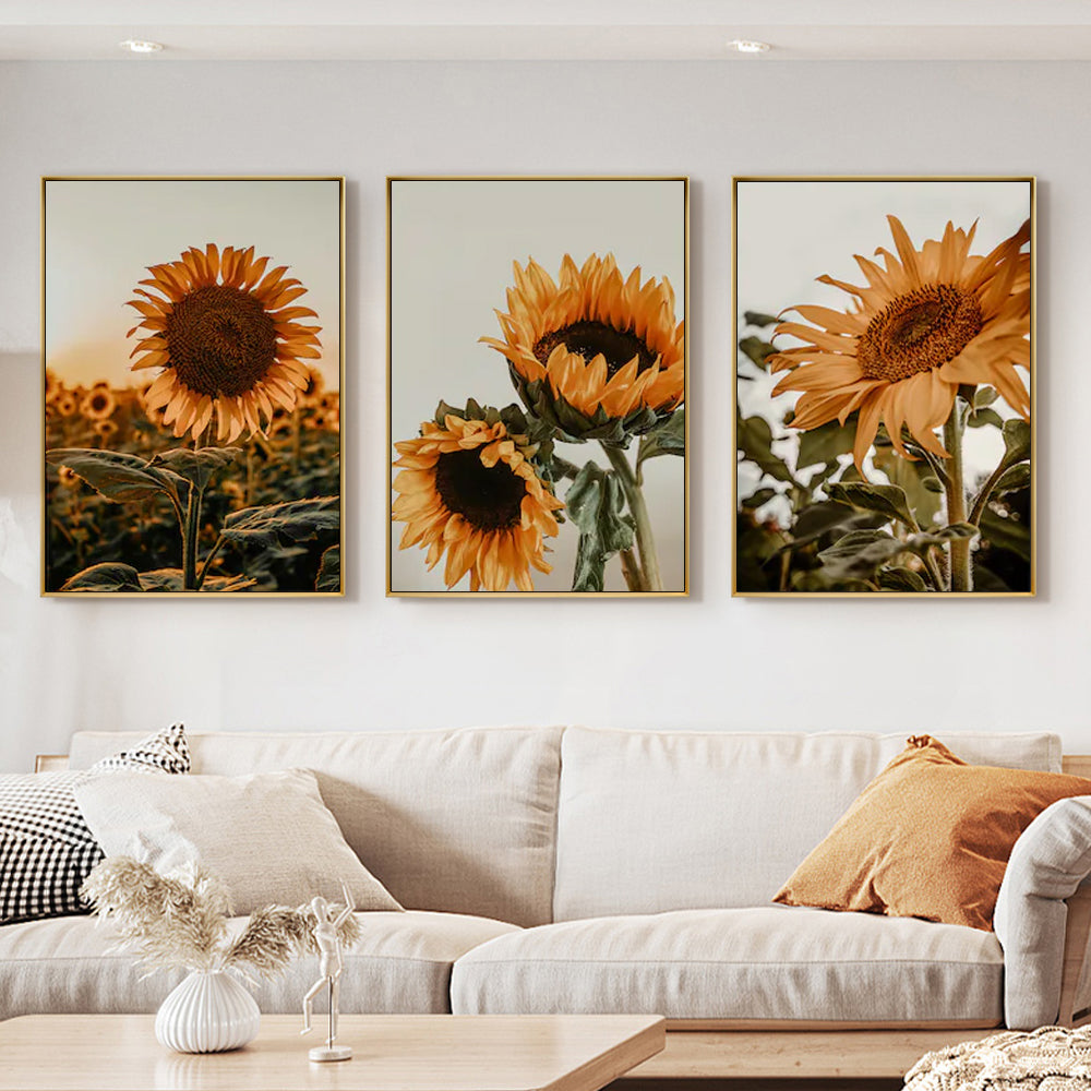 Wall Art 50Cmx70cm Sunflower 3 Sets Gold Frame Canvas