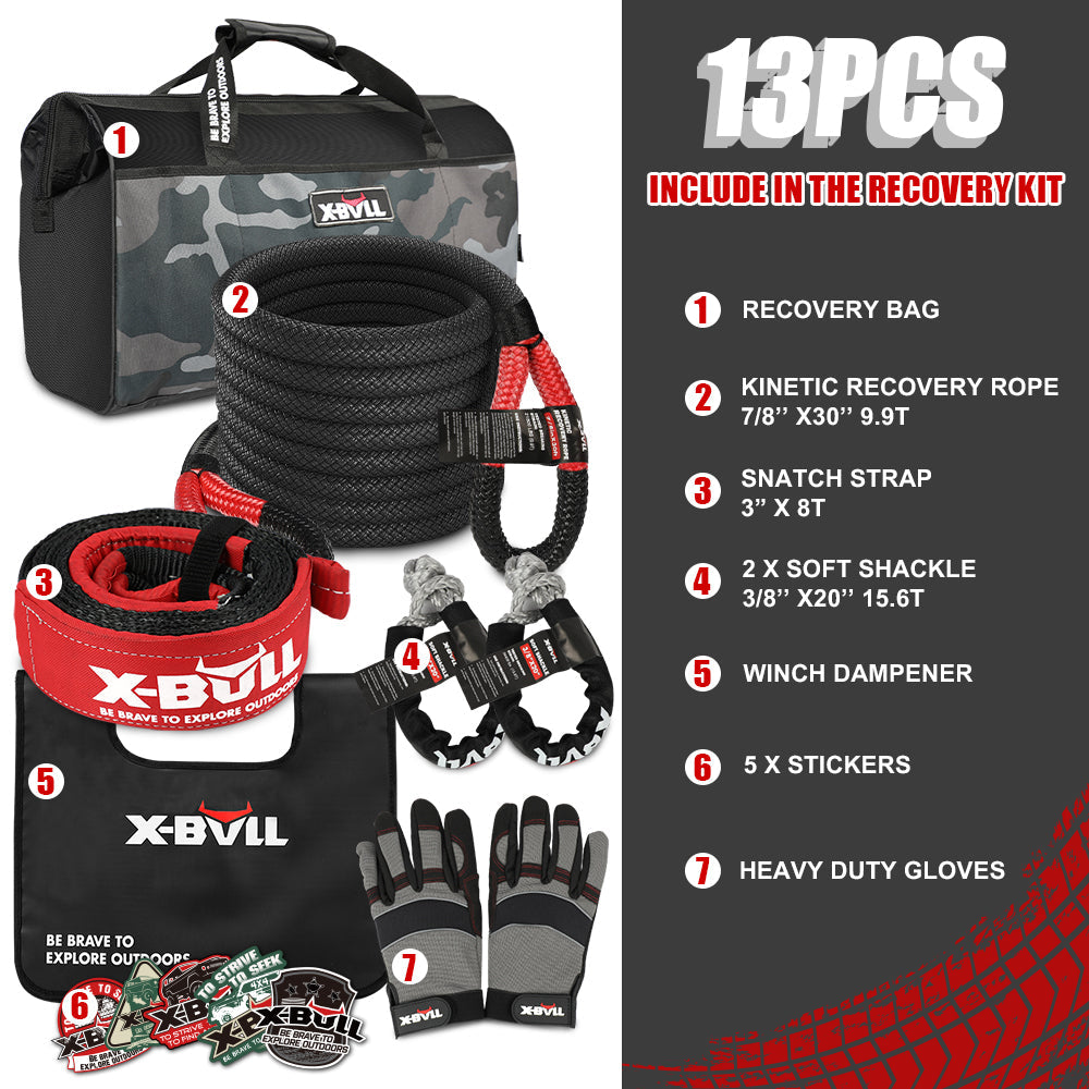 X-Bull Recovery Rope Kit Snatch Strap Soft Shackles Hitch Receiver Kinetic Tire Deflator