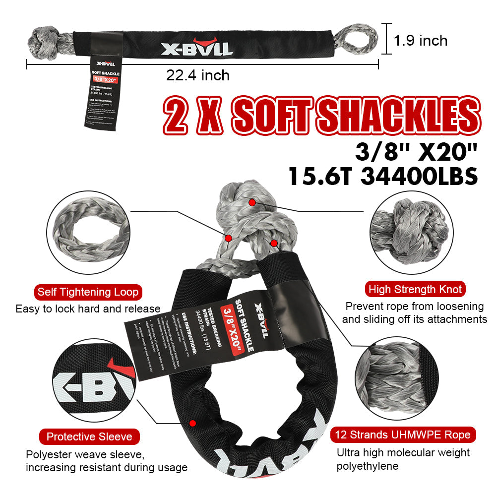 X-Bull Recovery Rope Kit Snatch Strap Soft Shackles Hitch Receiver Kinetic Tire Deflator