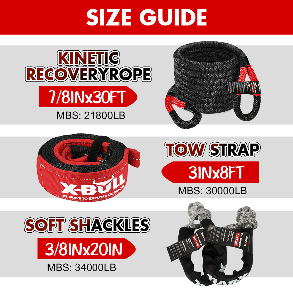 X-Bull Recovery Rope Kit Snatch Strap Soft Shackles Hitch Receiver Kinetic Tire Deflator