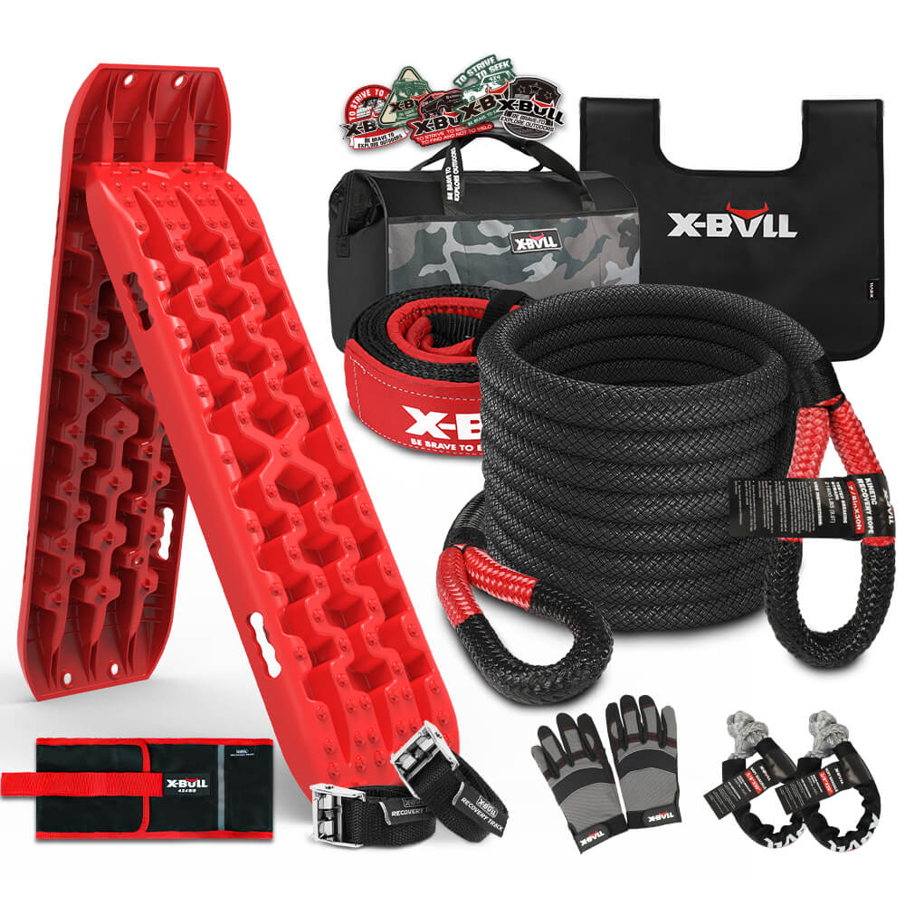 X-Bull 4X4 Recovery Kit Kinetic Rope Snatch Strap / 2Pcs Tracks 4Wd Gen3.0 Red