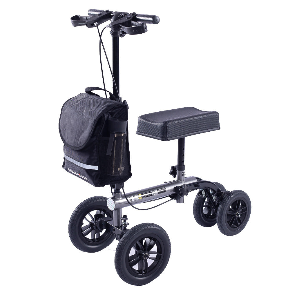 Equipmed Knee Scooter Walker, 10 Inch Tyres Dual Brakes Bag - Broken Leg Ankle Foot Mobility Crutches Alternative Titani