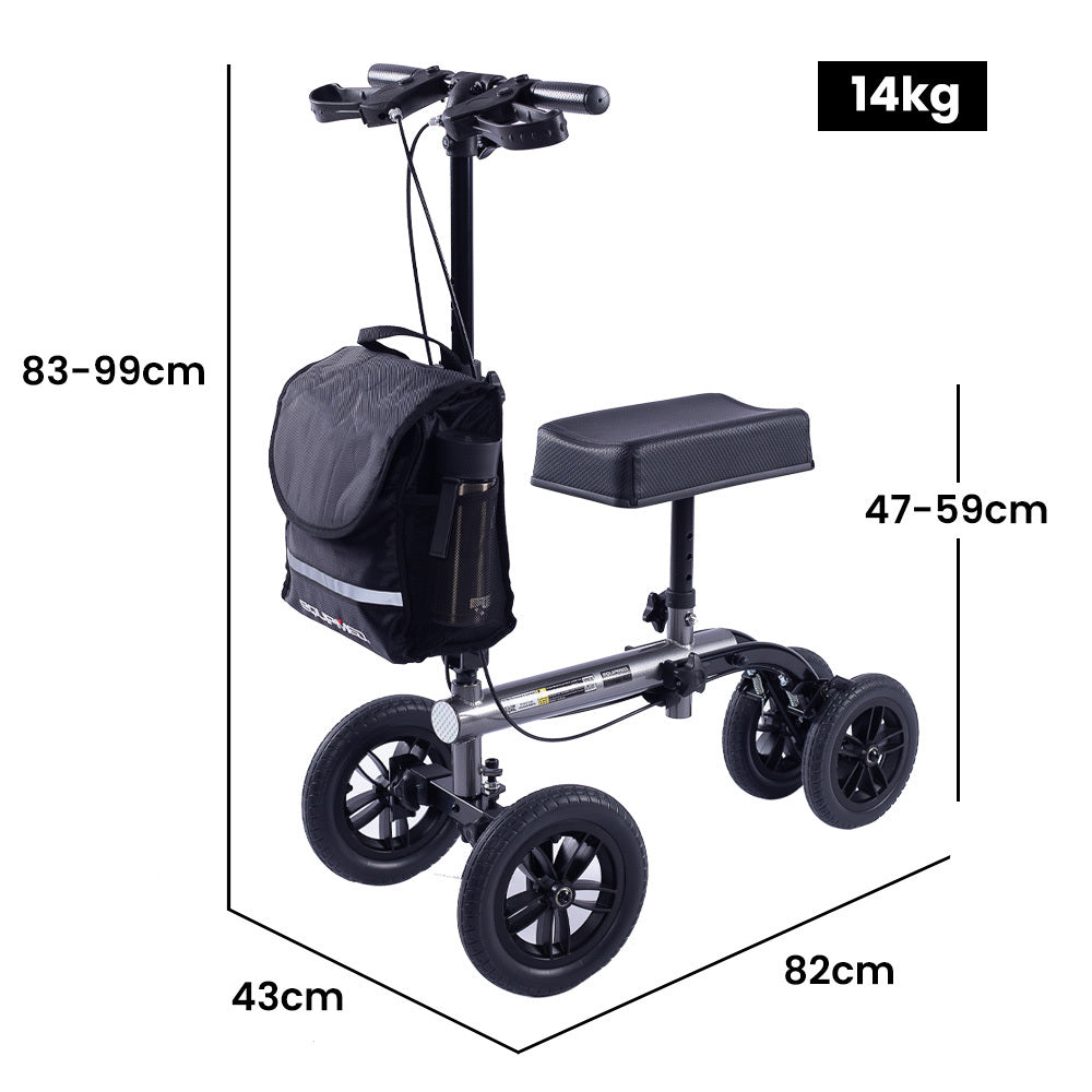 Equipmed Knee Scooter Walker, 10 Inch Tyres Dual Brakes Bag - Broken Leg Ankle Foot Mobility Crutches Alternative Titani