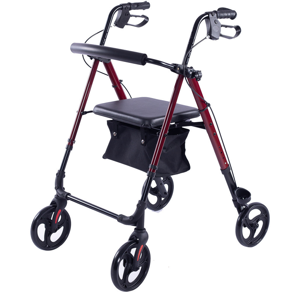 Equipmed 4 Wheel Lightweight Rollator Walker, Aluminium Frame, Seat, Carry Bag, For Seniors, Red