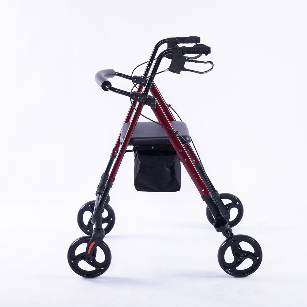 Equipmed 4 Wheel Lightweight Rollator Walker, Aluminium Frame, Seat, Carry Bag, For Seniors, Red