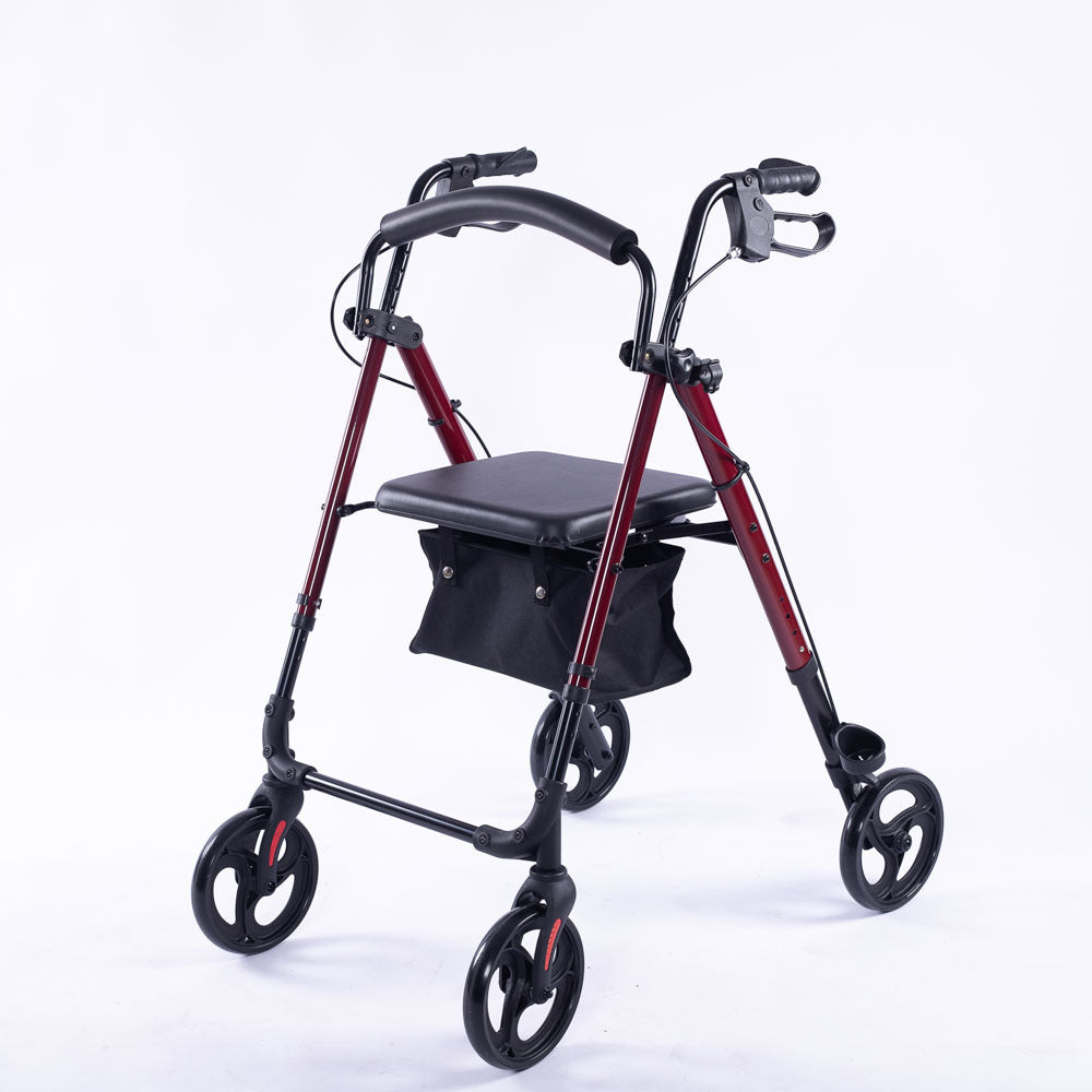 Equipmed 4 Wheel Lightweight Rollator Walker, Aluminium Frame, Seat, Carry Bag, For Seniors, Red