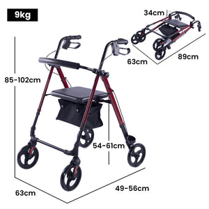 Equipmed 4 Wheel Lightweight Rollator Walker, Aluminium Frame, Seat, Carry Bag, For Seniors, Red