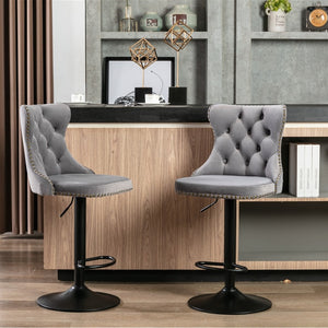 4X Height Adjustable Swivel Bar Stool Velvet Nailhead Barstool With Footrest