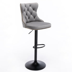 4X Height Adjustable Swivel Bar Stool Velvet Nailhead Barstool With Footrest