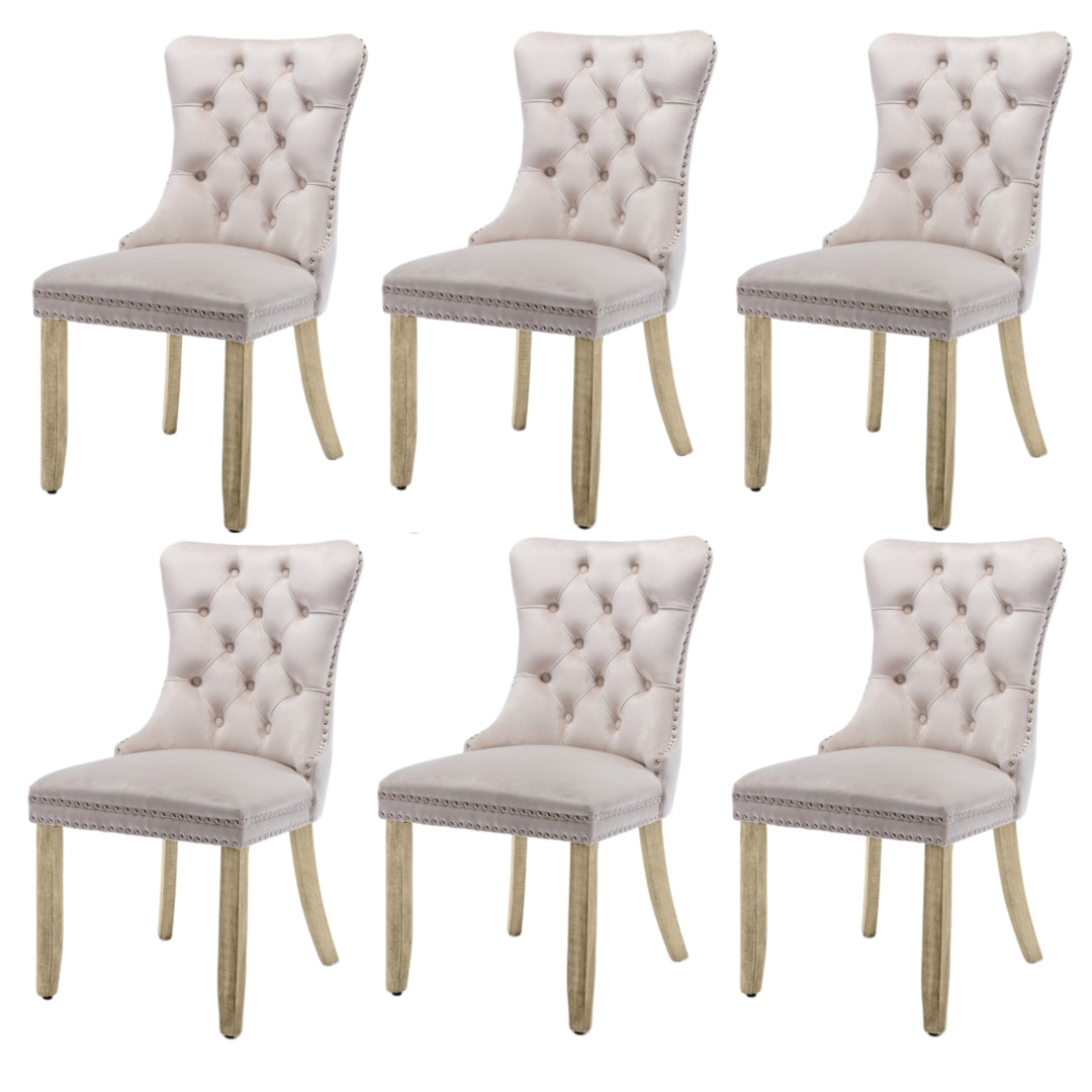 6X Velvet Dining Chairs Upholstered Tufted Kithcen With Solid Wood Legs Stud Trim And Ring-Beige