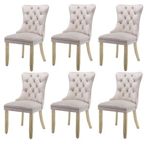 6X Velvet Dining Chairs Upholstered Tufted Kithcen With Solid Wood Legs Stud Trim And Ring-Beige