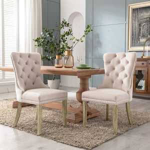 6X Velvet Dining Chairs Upholstered Tufted Kithcen With Solid Wood Legs Stud Trim And Ring-Beige