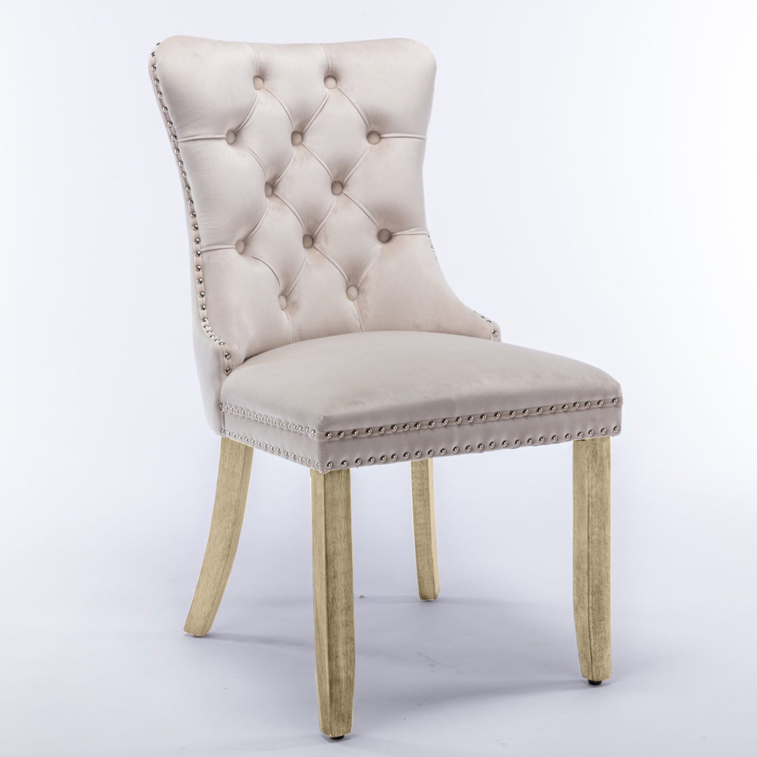 6X Velvet Dining Chairs Upholstered Tufted Kithcen With Solid Wood Legs Stud Trim And Ring-Beige