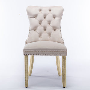 6X Velvet Dining Chairs Upholstered Tufted Kithcen With Solid Wood Legs Stud Trim And Ring-Beige