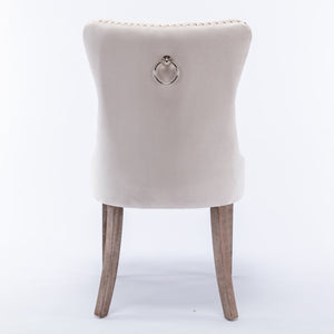 6X Velvet Dining Chairs Upholstered Tufted Kithcen With Solid Wood Legs Stud Trim And Ring-Beige