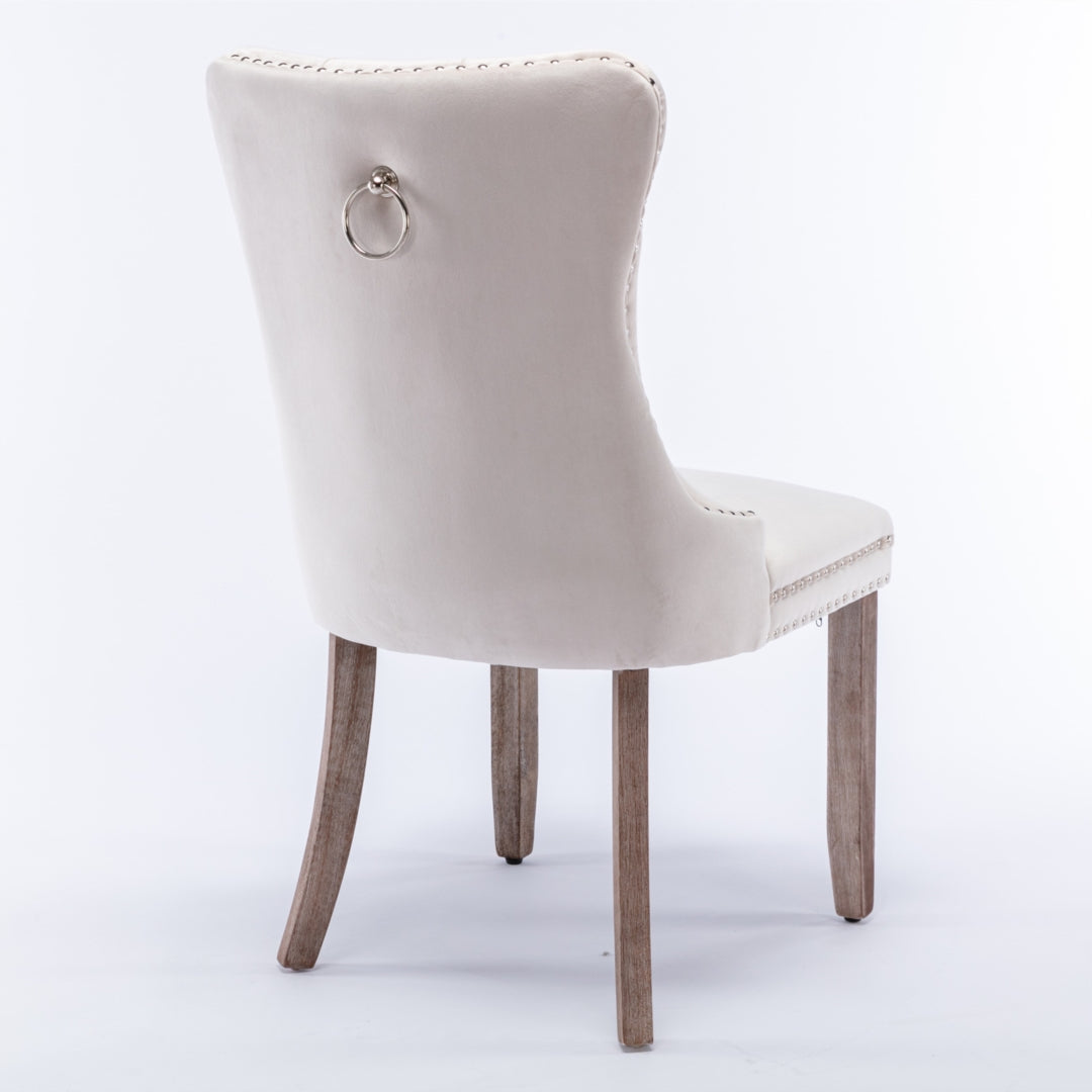 6X Velvet Dining Chairs Upholstered Tufted Kithcen With Solid Wood Legs Stud Trim And Ring-Beige