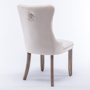 6X Velvet Dining Chairs Upholstered Tufted Kithcen With Solid Wood Legs Stud Trim And Ring-Beige