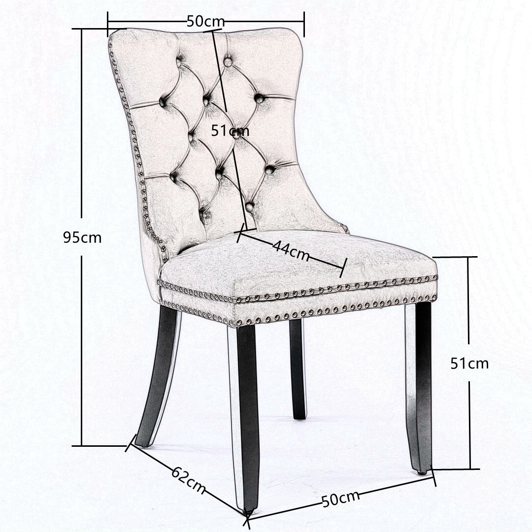 6X Velvet Dining Chairs Upholstered Tufted Kithcen With Solid Wood Legs Stud Trim And Ring-Beige