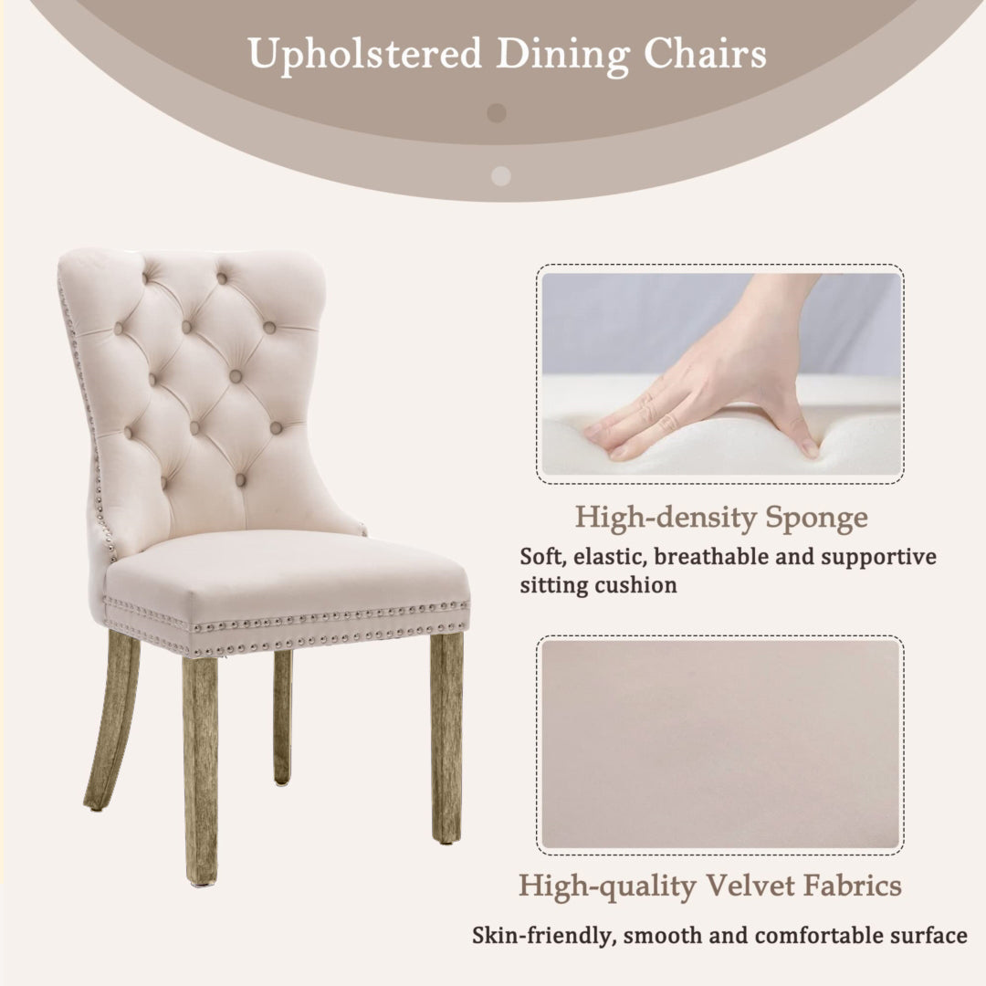 6X Velvet Dining Chairs Upholstered Tufted Kithcen With Solid Wood Legs Stud Trim And Ring-Beige