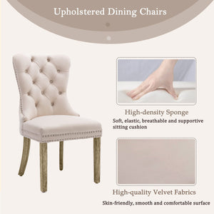 6X Velvet Dining Chairs Upholstered Tufted Kithcen With Solid Wood Legs Stud Trim And Ring-Beige