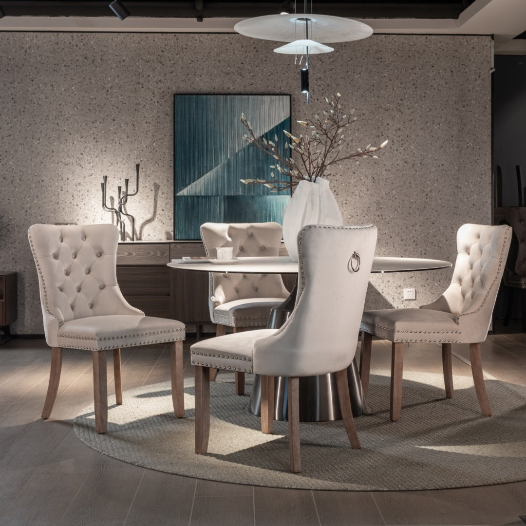 6X Velvet Dining Chairs Upholstered Tufted Kithcen With Solid Wood Legs Stud Trim And Ring-Beige