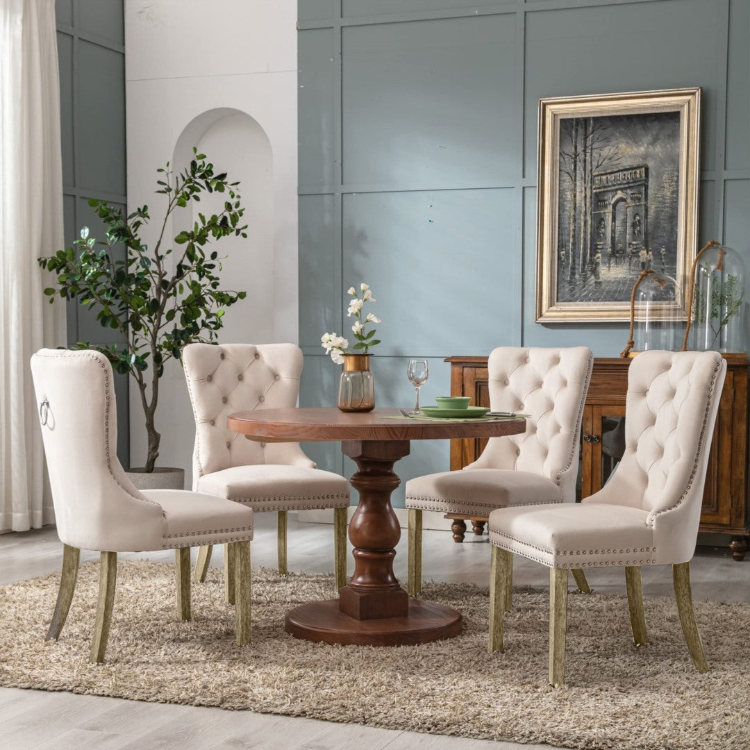 6X Velvet Dining Chairs Upholstered Tufted Kithcen With Solid Wood Legs Stud Trim And Ring-Beige