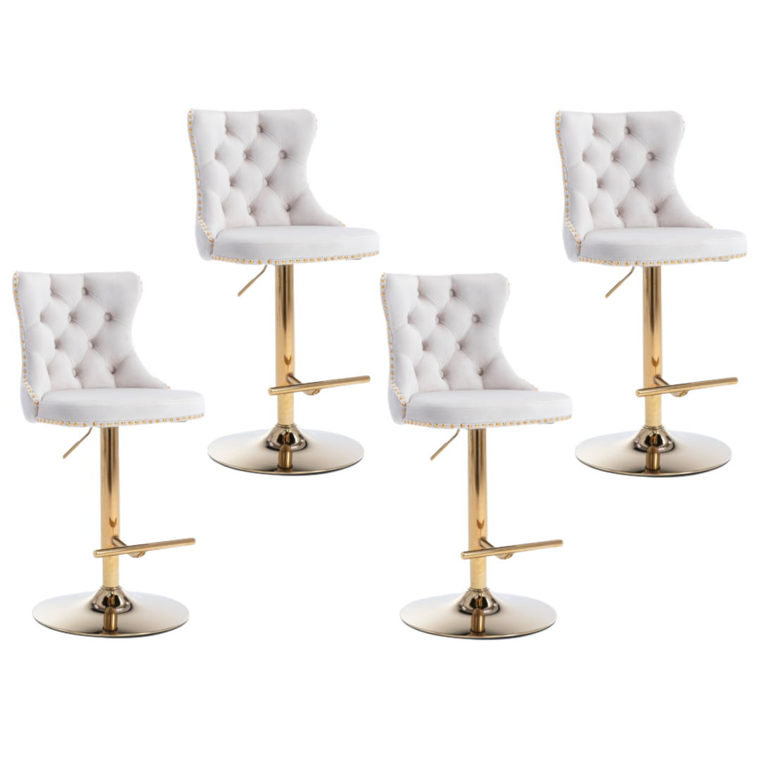 4X Height Adjustable Swivel Bar Stool Velvet Studs Barstool With Footrest And Golden Base- Beige