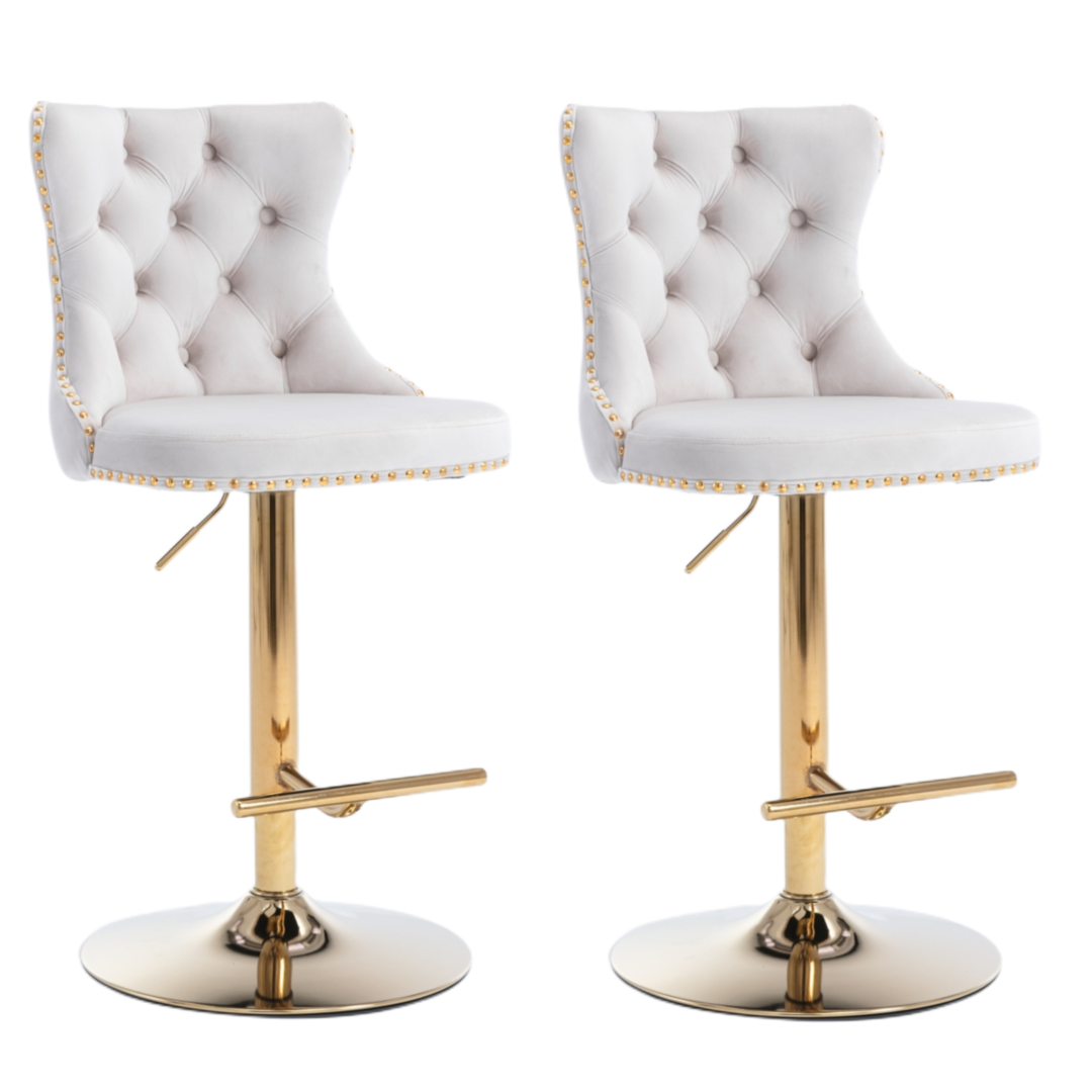 4X Height Adjustable Swivel Bar Stool Velvet Studs Barstool With Footrest And Golden Base- Beige